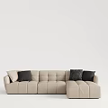 Modern L Shaped Beige Leather Sectional Sofa with Black and Patterned Cushions 3d model