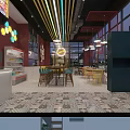 Vibrant Shopping Mall Store With Red Walls Neon Signs Glass Doors And Green Bar Stools