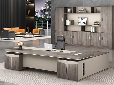 Modern Office Desk With Wooden Surface Laptop Table Lamp Ergonomic Chair And Bookshelf 3d model