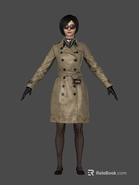 Woman In Beige Double Breasted Leather Trench Coat With Belt And Black Gloves 3d model 