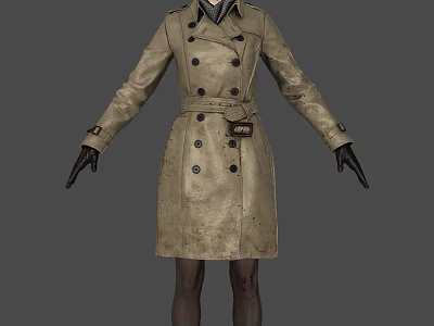 Woman In Beige Double Breasted Leather Trench Coat With Belt And Black Gloves 3d model