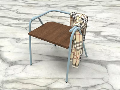 Stylish Leisure Chair With Wooden Seat Light Blue Metal Frame And Plaid Blanket On Marble 3d model