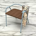 Stylish Leisure Chair With Wooden Seat Light Blue Metal Frame And Plaid Blanket On Marble