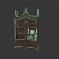 Traditional Wooden Cabinet With Intricate Carved Details And Arched Glass Doors