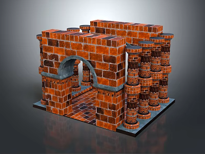 Cartoon Red Brick Building Structure With Arches And Columns Design 3d model