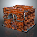 Cartoon Red Brick Building Structure With Arches And Columns Design