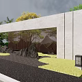 Modern Landscape Wall Design With Stone Frame Metal Grille And Surrounding Trees