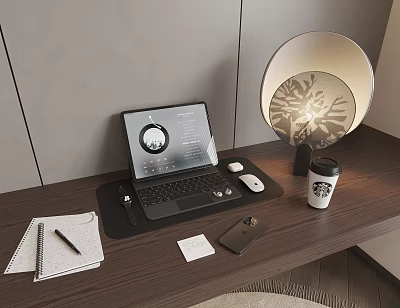 Laptop Workspace On Wooden Desk With Lamp Coffee Cup Mobile Phone Notebook And Pen 3d model