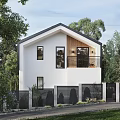 Modern Detached Villa With Large Glass Windows Balcony And Landscaped Garden Surrounded By Trees