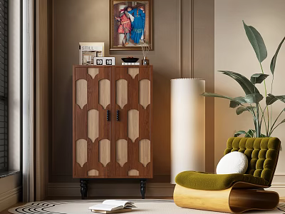 Wooden Entryway Cabinet With Geometric Pattern Decorative Items Green Chair Floor Lamp And Wall Painting 3d model
