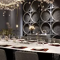 Elegant Private Dining Room With Long White Table Grey Chairs And Circular Decorative Wall 3d model