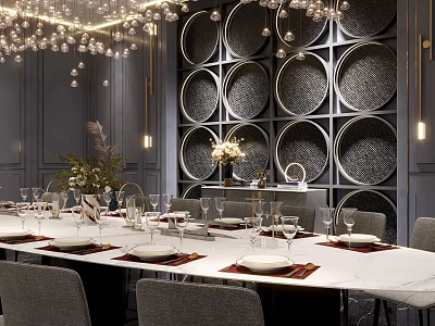 Elegant Private Dining Room With Long White Table Grey Chairs And Circular Decorative Wall 3d model