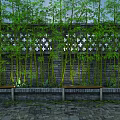 Building Exterior Wall With Lush Bamboo Trees Hollowed Cross Design Stone Pavement And Wooden Benches