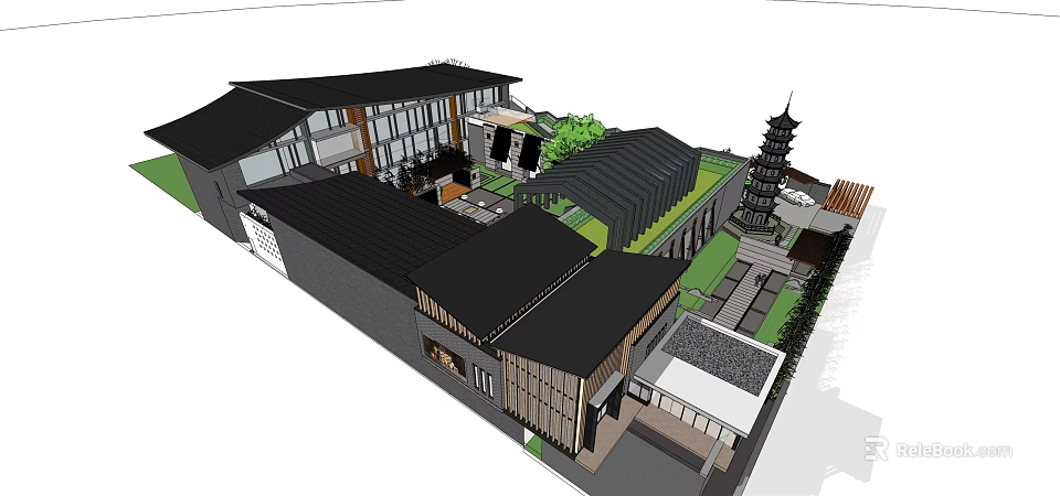 Traditional Modern Homestay Building Featuring Black Roof Open Courtyard Green Plants And Pagoda 3d model 