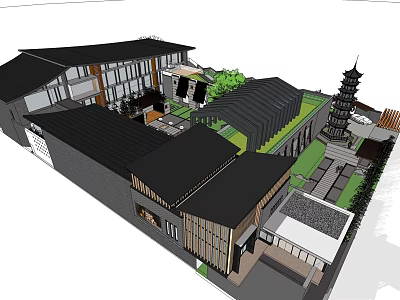 Traditional Modern Homestay Building Featuring Black Roof Open Courtyard Green Plants And Pagoda 3d model