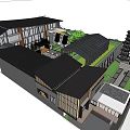 Traditional Modern Homestay Building Featuring Black Roof Open Courtyard Green Plants And Pagoda
