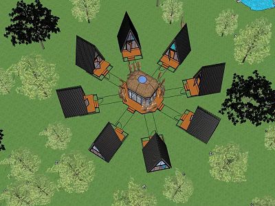 Circular Layout with Central Building and Surrounding Spire Roofed Huts on Green Lawn with Trees 3d model