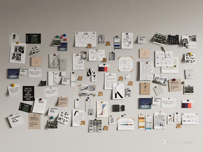 Diverse Design Cards And Prints Clamped On Light Wall With Typography And Graphics 3d model 