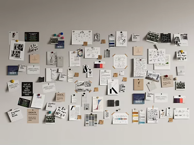 Diverse Design Cards And Prints Clamped On Light Wall With Typography And Graphics 3d model