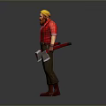 Man With Blonde Hair Red Beard In Red Shirt Holding Two Axes On Grey Background
