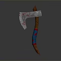 Decorative Axe Featuring Intricate Metal Blade And Wooden Handle With Red Blue Accents