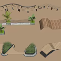 Modern Wave shaped Outdoor Landscape Seats With Wooden Structure And Green Plants