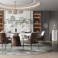 Elegant Modern Restaurant With Round Dining Table Chairs Pendant Light Landscape Painting Wall Display Shelves