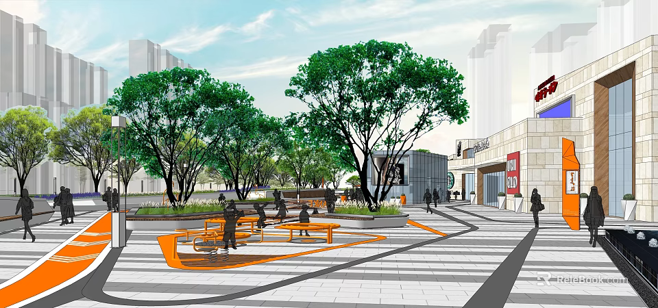Modern Commercial Landscape With Green Trees Orange Benches And Pedestrians In Urban Plaza 3d model 