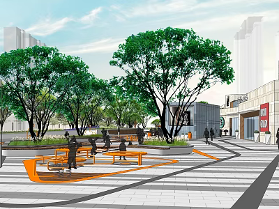 Modern Commercial Landscape With Green Trees Orange Benches And Pedestrians In Urban Plaza 3d model