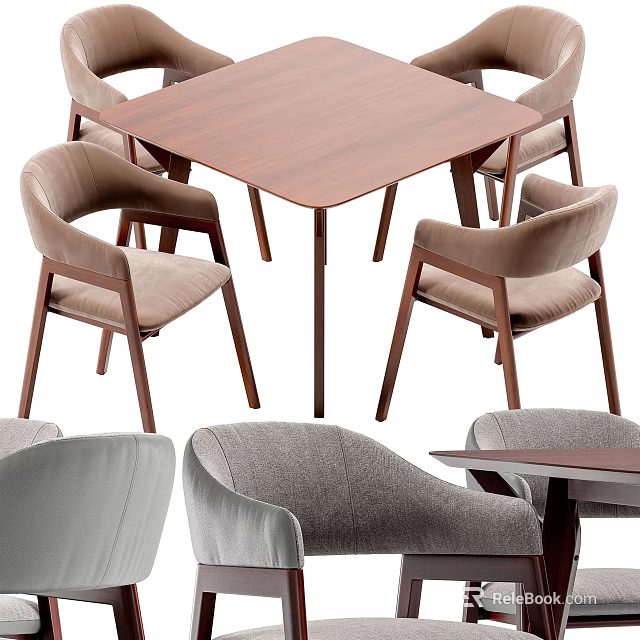 Modern Dining Table Set With Wooden Square Top And Beige Gray Upholstered Chairs 3d model 