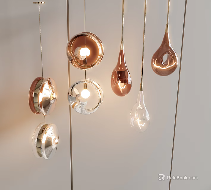 Modern Stylish Pendant Lights with Various Shapes Metallic Copper and Transparent Glass Design 3d model 
