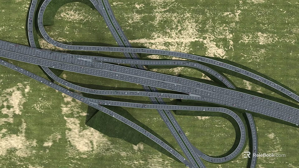 Aerial View of Multi Lane Highway Interchange with Curved Roads and Green Grassy Surroundings 3d model 