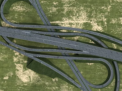 Aerial View of Multi Lane Highway Interchange with Curved Roads and Green Grassy Surroundings 3d model