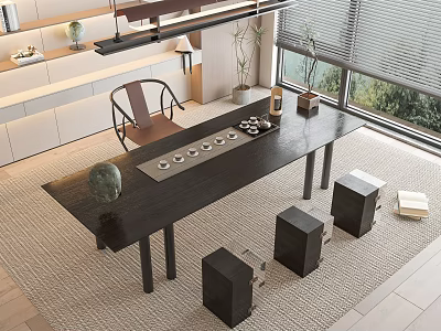 Modern Black Tea Table And Chairs With Elegant Tea Setup Natural Light Green Plants 3d model
