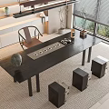 Modern Black Tea Table And Chairs With Elegant Tea Setup Natural Light Green Plants