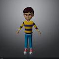 Child 3D Character With Brown Hair Yellow Blue Striped Shirt Blue Pants Red Sneakers