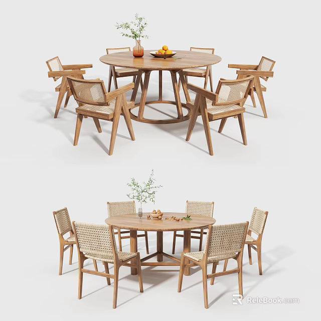 Natural Wooden Round Dining Table Set With Woven Details Chairs And Fruit Plant Decor 3d model 