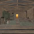 Modern Rustic Interior Space With Exposed Wooden Beams Walls Floors Cabinets Table And Sunset Light