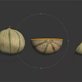 Whole and Cut Open Cantaloupe with Orange Flesh and Seed Sections on Black Surface