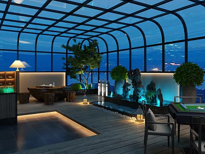 Cozy Indoor Garden With Glass Roof Large Windows Green Plants Water Feature And Night View 3d model
