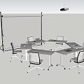 White Office Desks With Chairs Projection Screen And Ceiling Light Setup 3d model