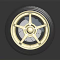 Premium Car Tire With Golden Wheel Rim And Black Tread On Dark Reflective Surface