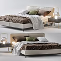 Modern Double Bed With Upholstered Headboard Pillows Blanket And Nightstand Table Lamp 3d model
