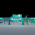 Exhibition Booth Setup With Turquoise Tents Circular Track Large Screen And Flags 3d model