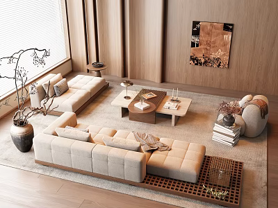 Modern Beige Sofa And Coffee Table Set With Wooden Wall Artwork And Area Rug 3d model