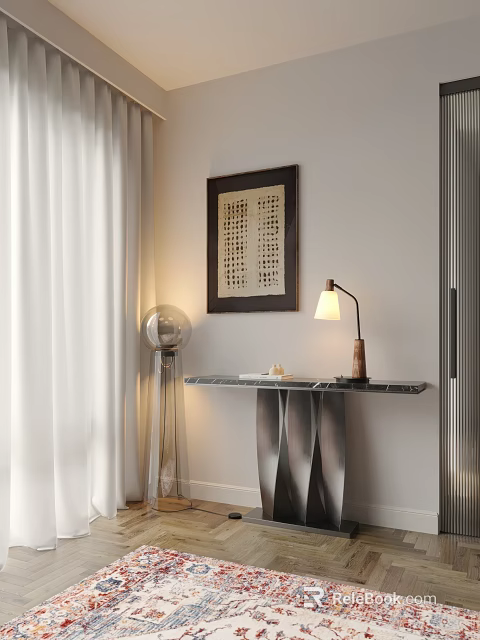 Modern Entryway Console Table with Marble Top Table Lamp Transparent Floor Lamp and Art 3d model 