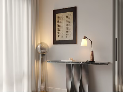 Modern Entryway Console Table with Marble Top Table Lamp Transparent Floor Lamp and Art 3d model