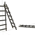 Vintage Wooden Ladders One Standing One Leaning Against And One Lying Flat