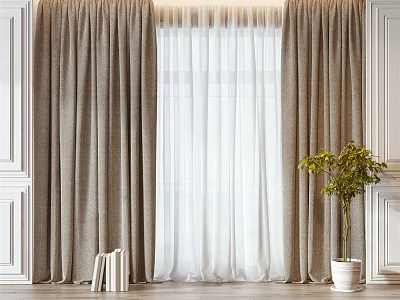 Layered Beige Curtains With Sheer White Panels For Bright Window Interior With Green Plant 3d model