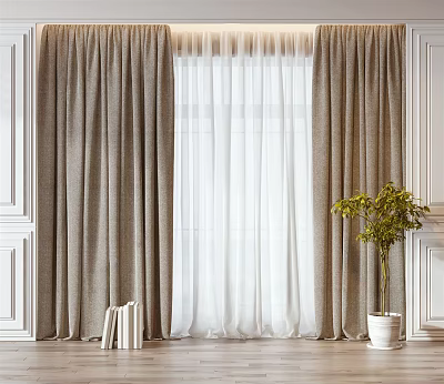 Layered Beige Curtains With Sheer White Panels For Bright Window Interior With Green Plant 3d model